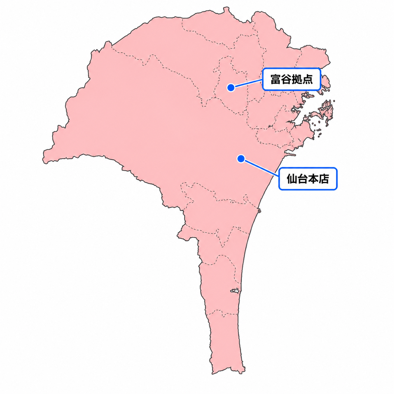 仙台市近郊で利用できるペットタクシー対応エリア地図